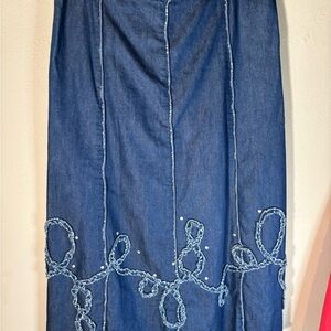 Reba Indigo Denim A line Skirt with Boho Trim